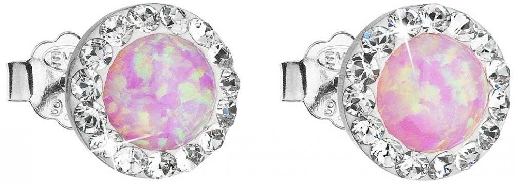 Stříbrné růžové náušnice pecky se syntetickým opálem a krystaly Swarovski 31217.1 Light Rose s.Opal na puzetu